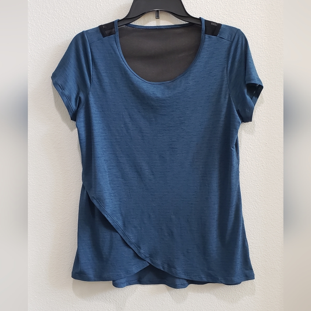 LUCY Short Sleeve Top Blue Black Semi SheerAthletic Workout Shirt size small